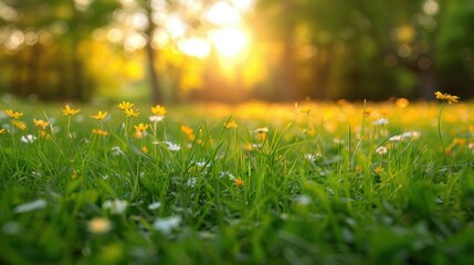 Wall Mural - Field of wildflowers bathed in the golden light of sunrise, creating a serene and beautiful natural scene in a sunlit meadow.