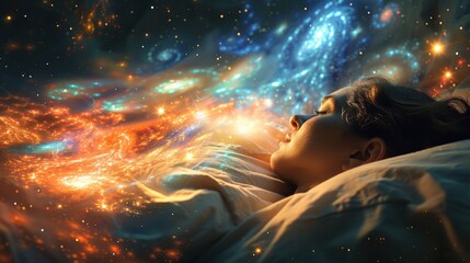 Wall Mural - A woman is sleeping in a bed with a galaxy in the background