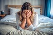 © Jason - girl with face palm gesture on bed. Stress and depression