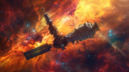 Wall Mural - a futuristic satellite orbiting a distant planet, with vibrant nebulae in the background generative 