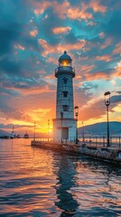 Poster - In the evening, the lighthouse by the seaside