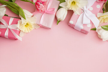 Sticker - Gift boxes with beautiful tulips and daffodil flowers on pink background