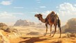 © nattapon98 - Camel standing in desert landscape with rocky formations and clear blue sky in the background. The scene exudes tranquility and vastness.