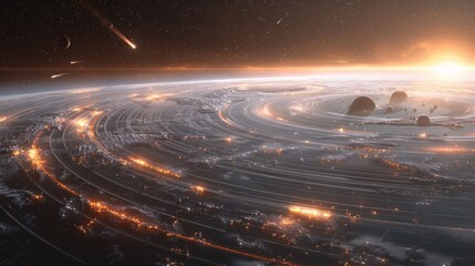 Wall Mural - a close-up of a distant planet's rings, with meteors and comets streaking by generative ai
