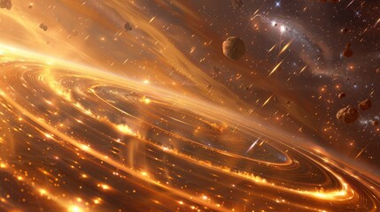 Wall Mural - a close-up of a distant planet's rings, with meteors and comets streaking by generative ai