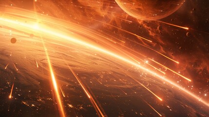 Wall Mural - a close-up of a distant planet's rings, with meteors and comets streaking by generative ai