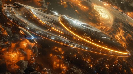 Wall Mural - an alien spacecraft approaching a wormhole, with vivid energy patterns surrounding the entrance gene