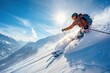 © Surachetsh - A skier carves down a steep slope, kicking up a flurry of powder snow in a dynamic and exhilarating display. The snow-covered mountains in the background
