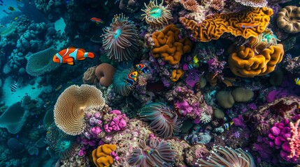 Wall Mural - Cute anemone fish playing on the coral reef. beautiful color clownfish on coral feefs. anemones on tropical coral reefs