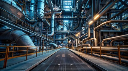 Poster - A narrow walkway winds its way through a complex network of pipes and platforms in a modern industrial facility