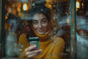 Wall Mural - Young women using mobile payment in coffee shops