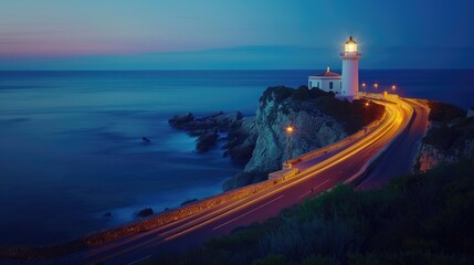 Poster - In the evening, the lighthouse by the seaside