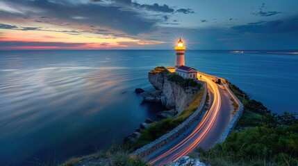 Poster - In the evening, the lighthouse by the seaside