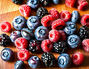 Wall Mural - berries, blueberries, swissberries, raspberries on the kitchen table, on a wooden countertop, owoce leśne, borówki, jerzyny, maliny na stole w kuchni, na drewnianym blacie