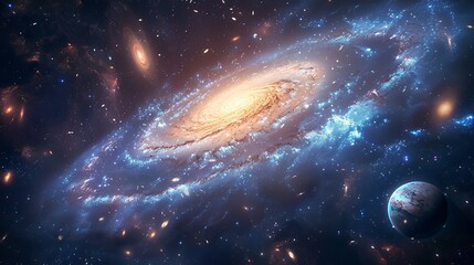 Wall Mural - a serene view of a distant galaxy, with various celestial bodies and cosmic phenomena generative ai