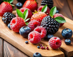 Wall Mural - berries, blueberries, swissberries, raspberries on the kitchen table, on a wooden countertop, owoce leśne, borówki, jerzyny, maliny na stole w kuchni, na drewnianym blacie