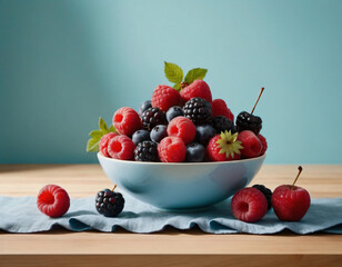 Wall Mural - berries, blueberries, swissberries, raspberries on the kitchen table, on a wooden countertop, owoce leśne, borówki, jerzyny, maliny na stole w kuchni, na drewnianym blacie