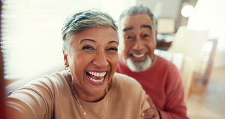 Poster - Selfie, smile and senior couple on sofa for bonding, love and happy memory in living room together. Mature man, woman and excited face for digital photography, relax or marriage in retirement at home