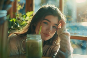 Wall Mural - Close up portrait of beautiful woman sipping matcha latte in glass jar with straw, sitting at table and looking away while touching her hair . High resolution photography, professional color grading, 