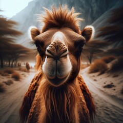 Wall Mural - a Camel walking in the desert, sharp focus on the eyes and mouth, detailed fur texture, jungle background
