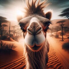 Wall Mural - a Camel walking in the desert, sharp focus on the eyes and mouth, detailed fur texture, jungle background