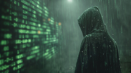 Poster - A person is standing in the rain with a hood over their head. The background is a green screen with a series of numbers and letters. Concept of mystery and intrigue