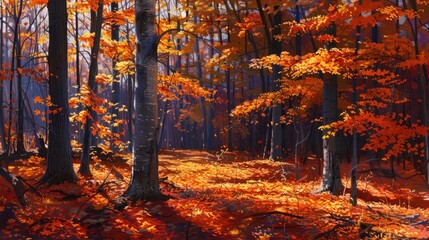Poster - Vibrant fall foliage scattered in forest with shadowy trees