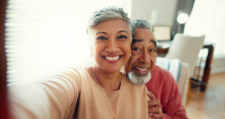 Poster - Mature couple, selfie and happy in home for retirement to love, care and support or bonding. People, relationship and smile as pensioner for marriage with fun, portrait and memories for social media