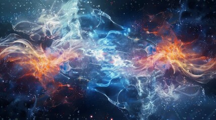 Poster - An abstract artistic interpretation of quantum entanglement, showcasing two celestial bodies intertwined in a cosmic dance of light and energy