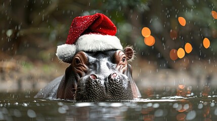 Sticker - Hippopotamus Wearing a Santa Hat in the Rain