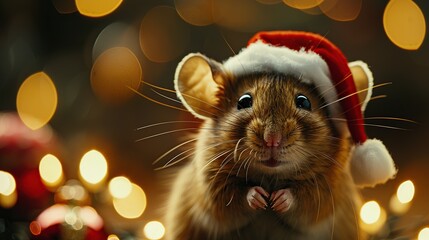 Wall Mural - Cute Hamster Wearing Santa Hat for Christmas