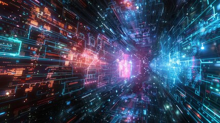 Poster - An abstract, artistic representation of quantum computing, visualized as a tunnel of glowing data streams in vibrant shades of blue and pink