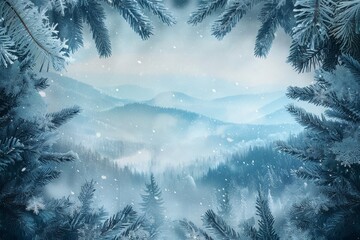 Winter snowflakes and pine tree frost with mountain landscape illustration background