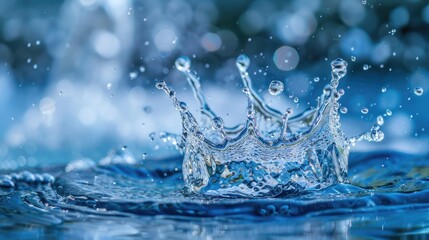 Wall Mural - Close up water splash with droplets on clear blue backdrop