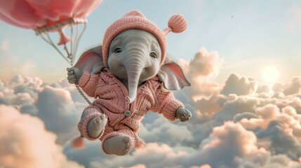 Wall Mural - Cute Elephant Flying in Hot Air Balloon