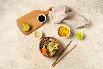 Wall Mural - Composition with delicious rice and ingredients on light background