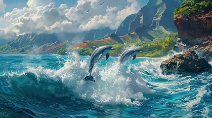 Canvas Print - Dolphins Leaping Through Waves in Tropical Paradise