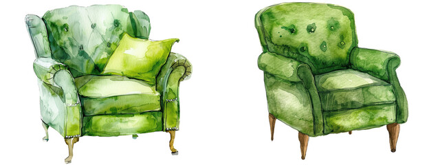 Watercolor illustration of two green armchairs with cushions, ideal for interior design and home decor themes.