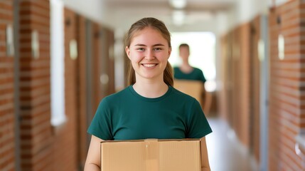 Smiling young woman carrying a box in a hallway.