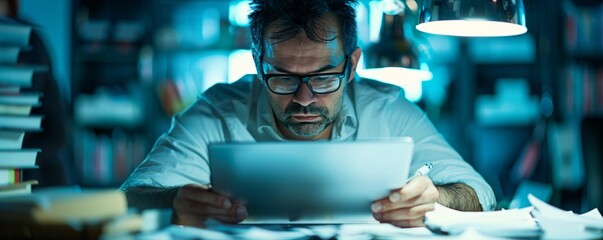 Aufkleber - editorial image of a financial planner working late hours, surrounded by documents, editorial photog