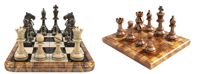 two wooden chess sets side by side, one in traditional black and white, the other in natural wood to