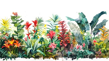 Vibrant Botanical Garden with Diverse Tropical Flora on White Background