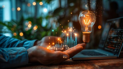 Businessman is holding a glowing lightbulb with a financial business growth chart emerging from his hand