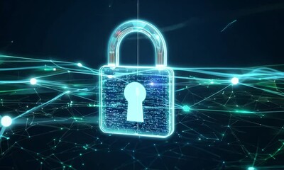 Poster - cybersecurity services concept,  secure connection of cyber world closeup, and safety lock hologram