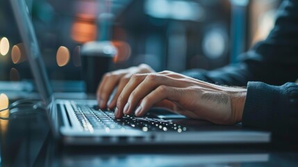 Wall Mural - A closeup shot of a persons hands typing on a laptop keyboard in a modern office setting