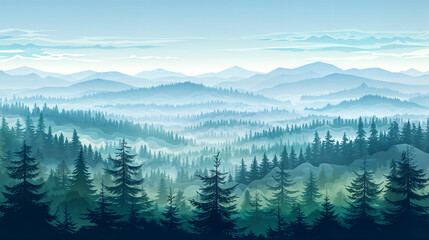 Poster - Mountain ridges in the distance surrounded by forest illustration