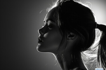 Wall Mural - A portrait of a young woman filmed in a studio, with a backlit profile image