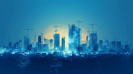 Wall Mural - Modern urban skyline with skyscrapers and construction cranes at dusk