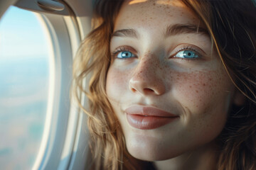 Wall Mural - The young woman at the plane window looks at the camera