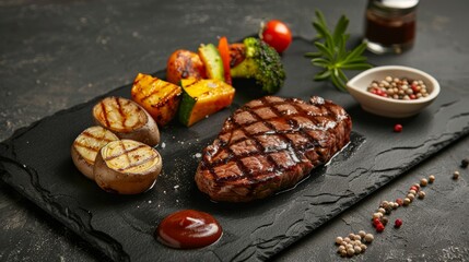 Canvas Print - A high-angle view of a grilled steak topped with barbecue sauce on a black stone plate, surrounded by grilled vegetables